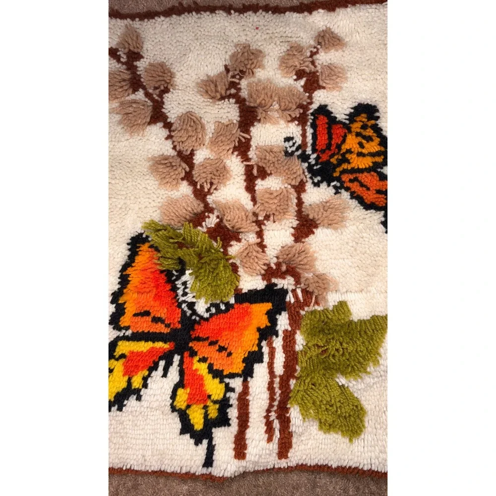 1970s Butterfly Latch Hook Wall Hanging Rug Retro Mid Century Fiber Art Tapestry
